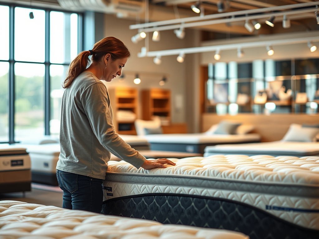 person looking at mattress in a mattress store
