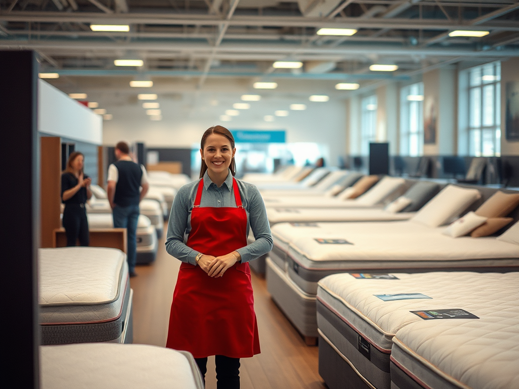 generate an image of customer service in a mattress store