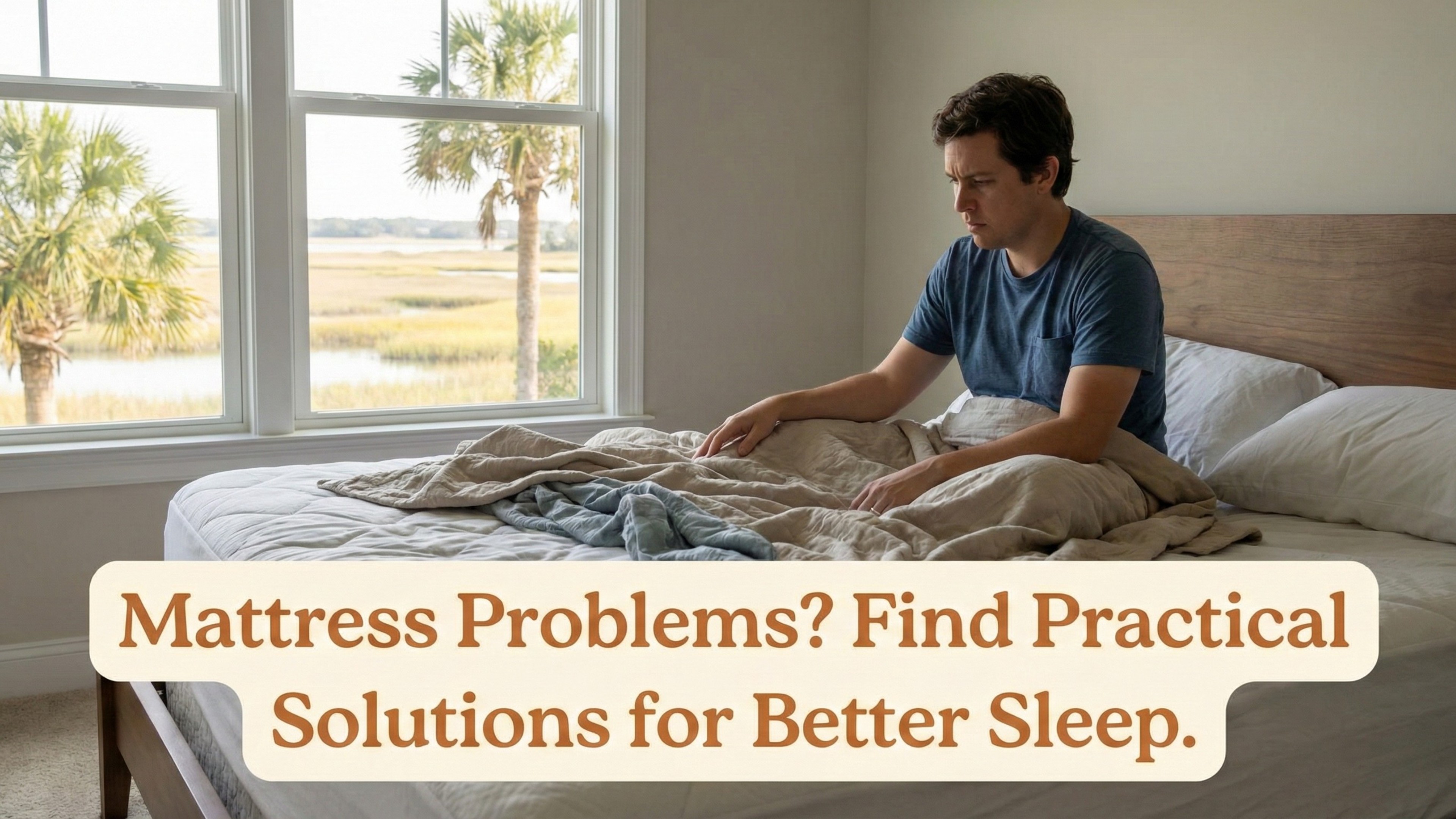 Common Mattress Problems: How to Fix Them and Stay Comfortable 10 Person sitting on bed, seeking solutions.